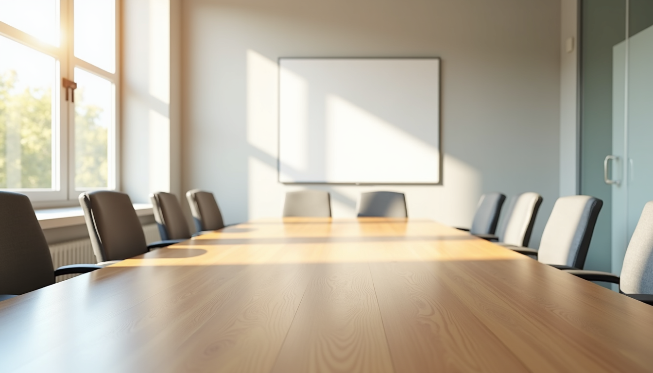 Modern consulting conference room with bright natural light and organized meeting table, prepared for leadership development session